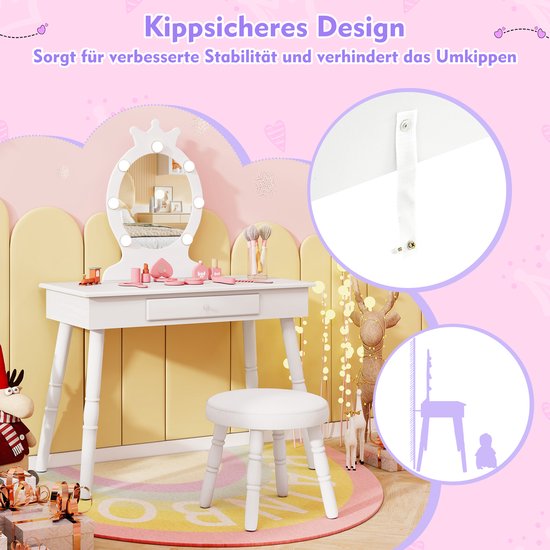 COSTWAY Make-uptafel voor kinderen, met verlichting, 2-in-1 kaptafel prinses met afneembare spiegel en lade, houten kaptafel met kruk, voor meisjes van 3 tot 7 jaar (wit