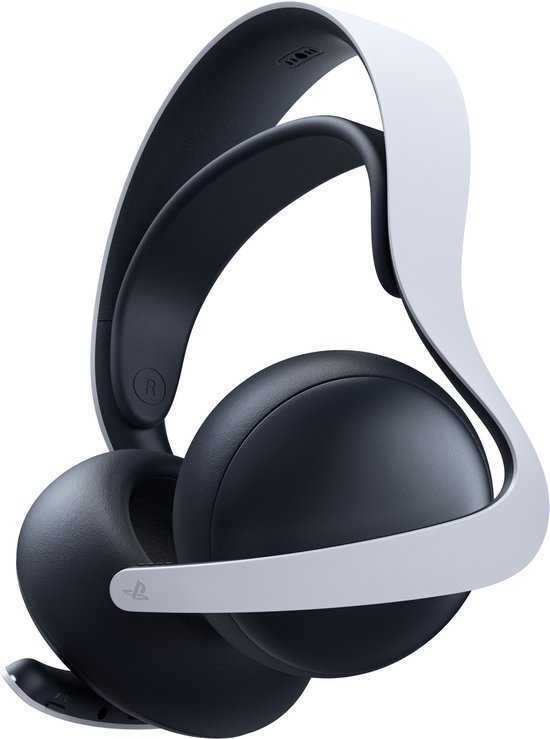 Zwarte gaming headset met witte hoofdband. De headset is van voren en lichtjes van opzij gefotografeerd.