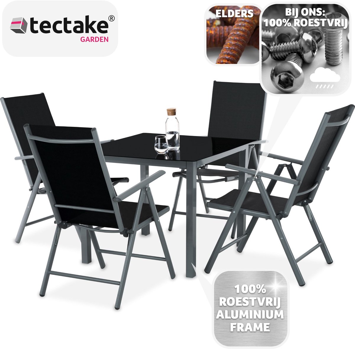 tectake® - Aluminium Tuinset - Zitgroep met 4 Tuinstoelen en 1 Tuintafel - Donkergrijs - Tuinmeubelset voor 4 Personen - Weerbestendig en UV-bestendig - Stoelen met verstelbare Rugleuning - Tuintafelset – foto 7
