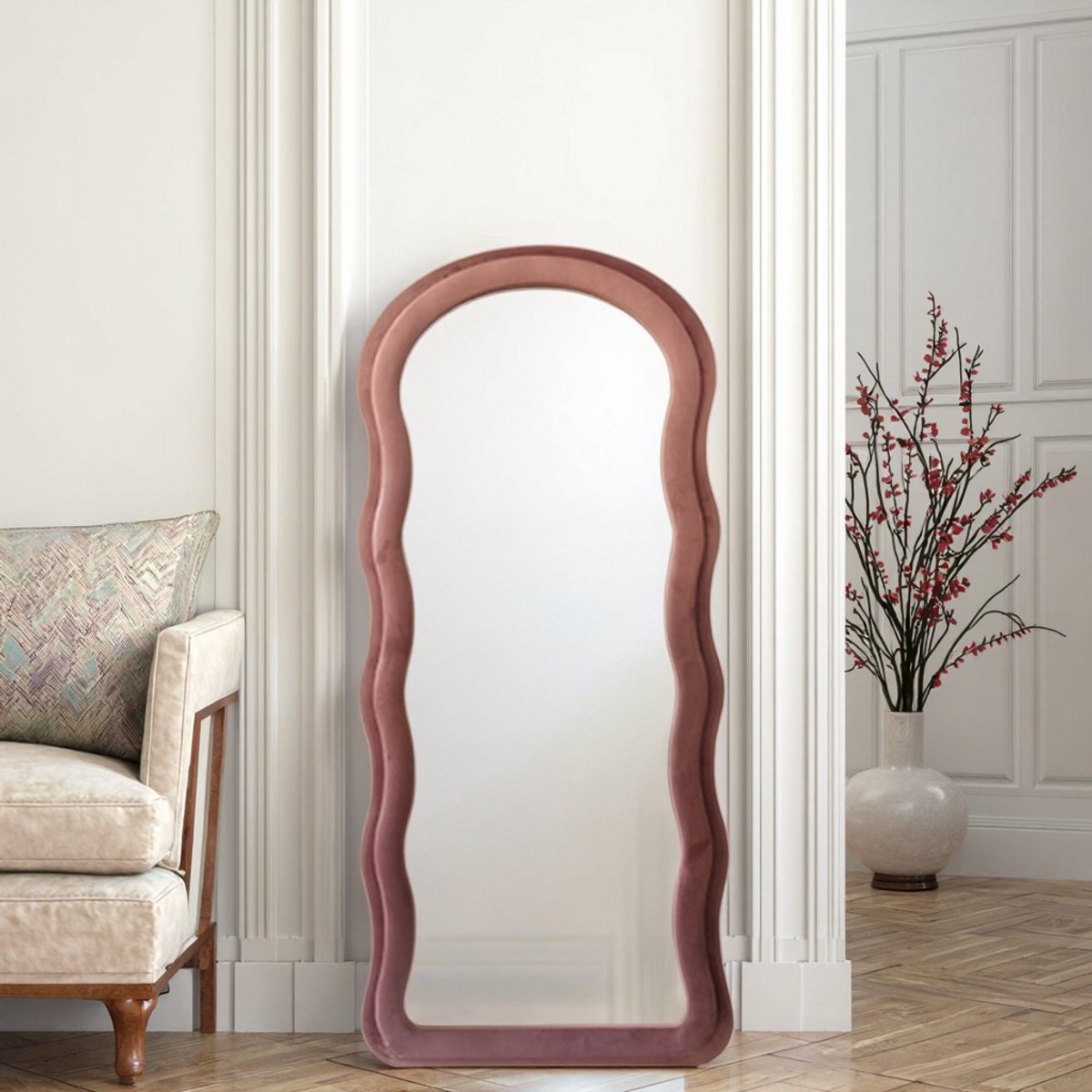 Tuncafi Grote Wavy Spiegel – Staande Spiegel 180x80 cm – Luxe Spiegel – Velvet Spiegel – Suède Spiegel – Roze Spiegel – Grote Spiegel – Wandspiegel – Japandi Spiegel – Scandinavische Spiegel – Pas Spiegel – Moderne Interieurdecoratie
