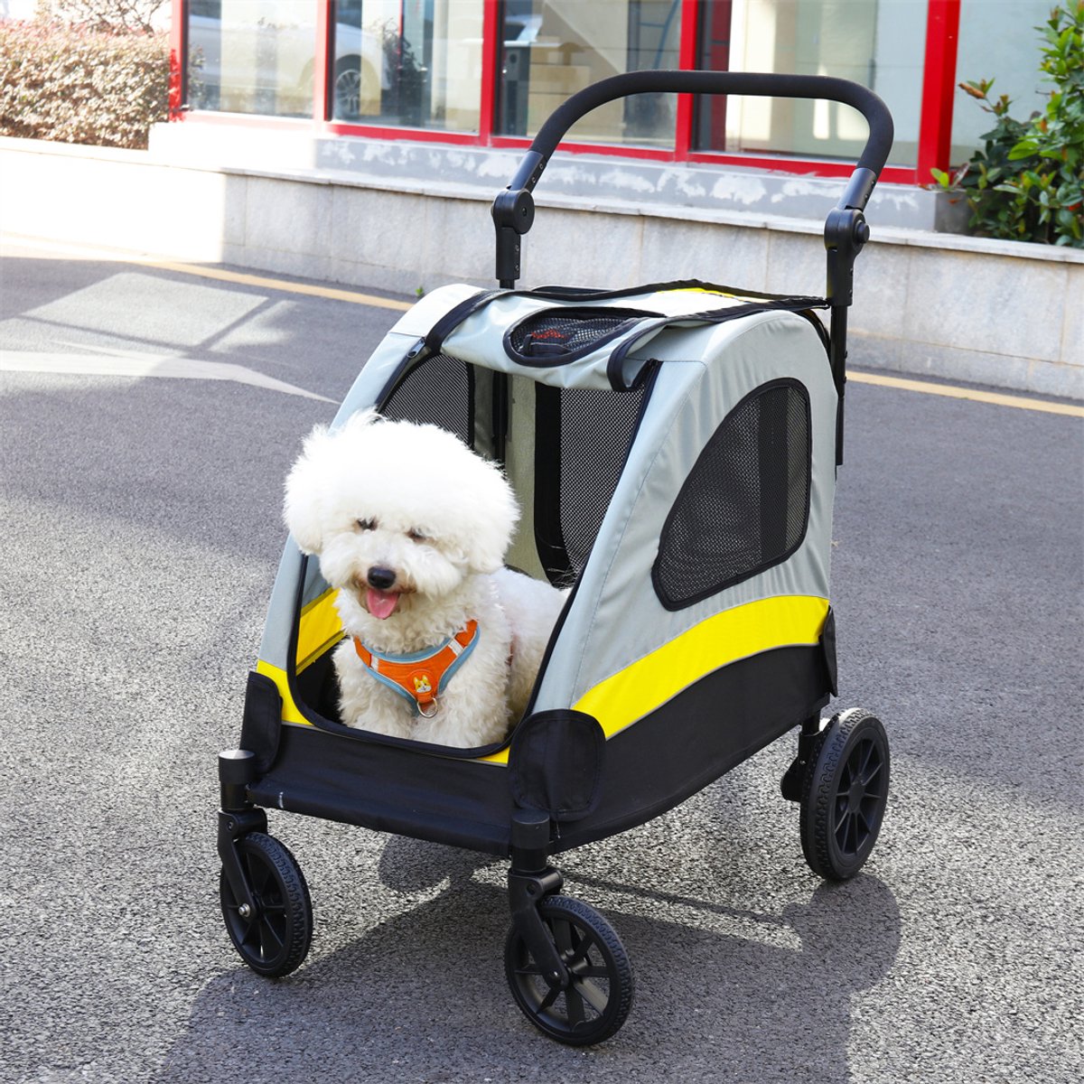 BingoPaw Hondenreiskinderwagen - Stevige kinderwagen voor huisdieren - 4 extra grote wielen - Hondenbuggy met remmen voor kleine en middelgrote honden en katten met verstelbare handgreep. Belastbaar tot 20 kg.