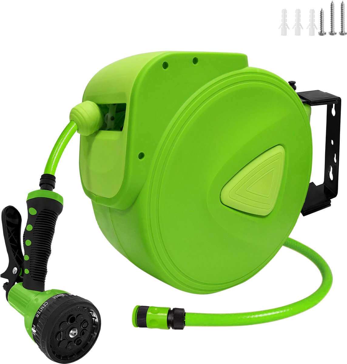 Aufun Slanghaspel met draagbeugel, 20m + 2m Automatische slanghaspel 3/4", Aansluiting 180° draaibaar, Wandmontage, voor tuin, irrigatie, buiten (groen)
