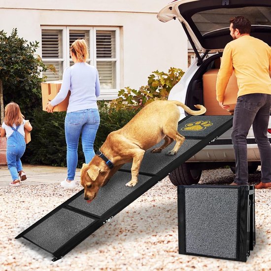 XMTECH Hondenhelling, inklapbaar, hondentrap, auto, 157 cm, hondenhelling, kofferbakhelling voor auto's, vrachtwagens en SUV's, tot 110 kg, licht stabiel, antislip, zwart