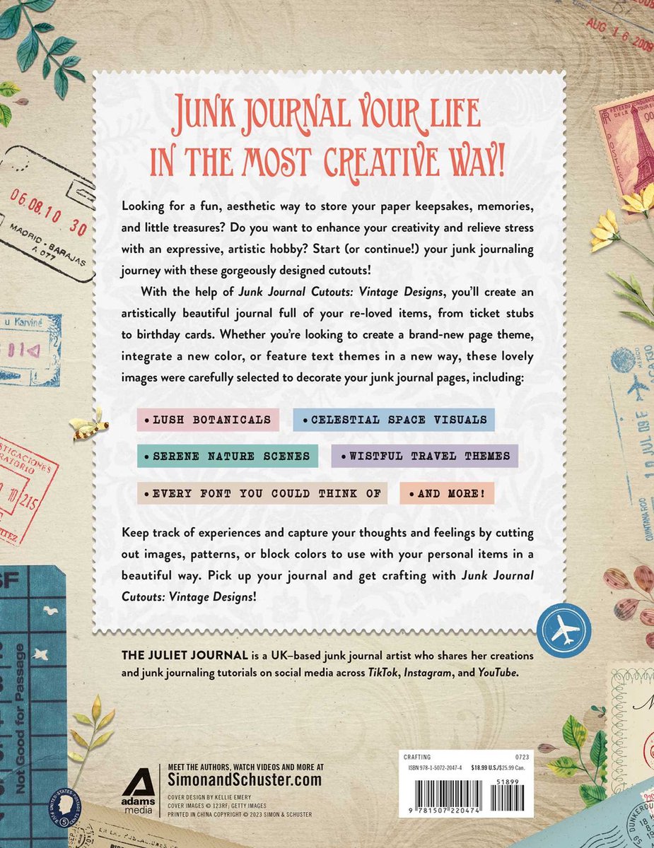Junk Journal Your Life in the Most Creative Way! Pagina's met creatieve ontwerpen, stempels en tekst. Bevat Lush Botanicals, Celestial Space Visuals, Serene Nature Scenes en Wistful Travel Themes.