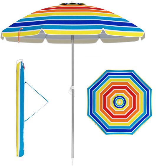 Parasol de plage Costway, 182 cm, parasol de plage, parasol de jardin, coupe-vent, robuste, UPF 50+, pliable à 30 degrés, protection solaire, avec piquet et sac de transport pour balcon, jardin et terrasse
