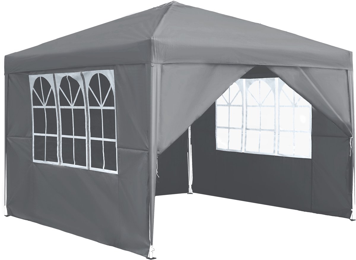 Aufun Paviljoen, Tuinpaviljoen Met 4 Zijdelen En Ramen, Voor Feestjes,Partytent,Van Oxford Metalen Frame 3 X 3 M Zilvergrijs