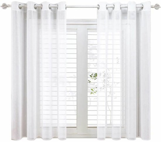 Convient pour Set de 2 rideaux voile blanc 140x160cm en imitation lin effet avec anneaux rideaux voile décoration chambre voiles intérieurs courts pour chambre enfant petite fenêtre cuisine