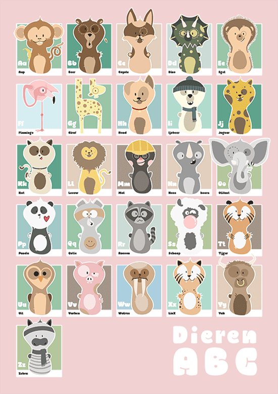 Mooody - Dieren ABC poster Roze - A4 - kinderkamer - babykamer