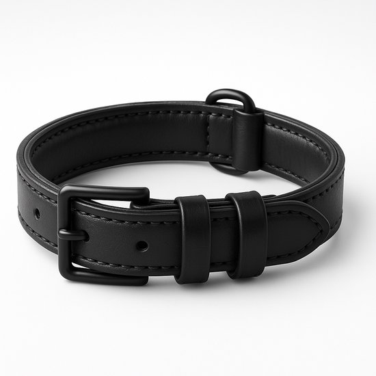 Brute Strength - Luxe leren halsband hond - Zwart met zwarte stiksels - M - (36 - 43 cm) x 2,5cm - honden halsband - hondenhalsband - halsband hond leer - leren honden halsband - stoere honden halsband - leren hondenhalsband
