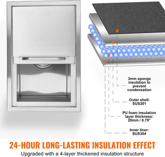 Drop-in ijskast, 18" L x 12" B x 14.5" H roestvrij staal, 40.9 qt commerciële koelbox met schuifdeksel, afvoerbuis en stop, voor buitenkeuken van Merkloos — afbeelding 4