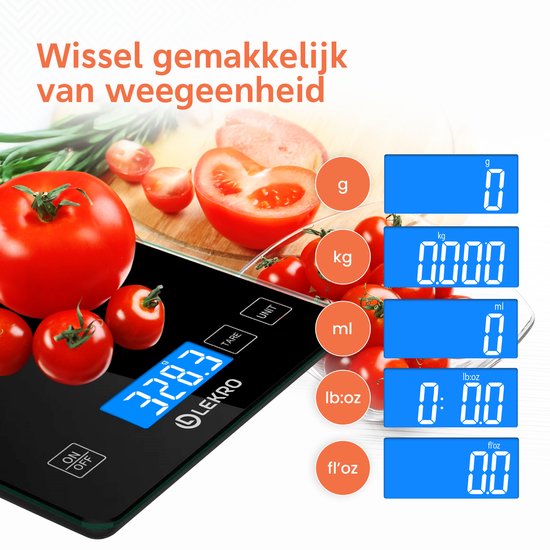 Lekro Digitale Precisie Keukenweegschaal – Weegschaal Keuken - 1gr-15kg – Tarra Functie - Zwart