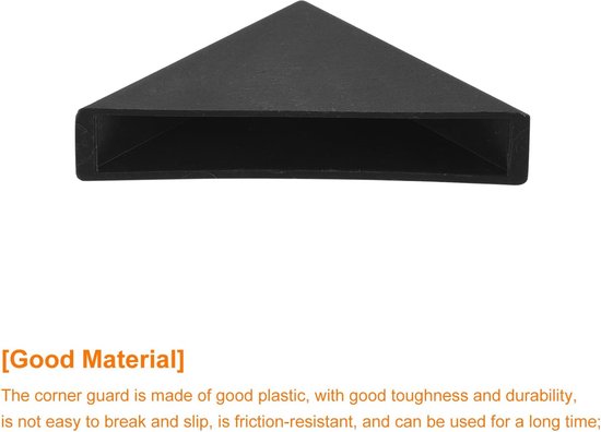Zwarte plastic hoekbeschermer met de tekst [Good Material] en beschrijving van het materiaal.