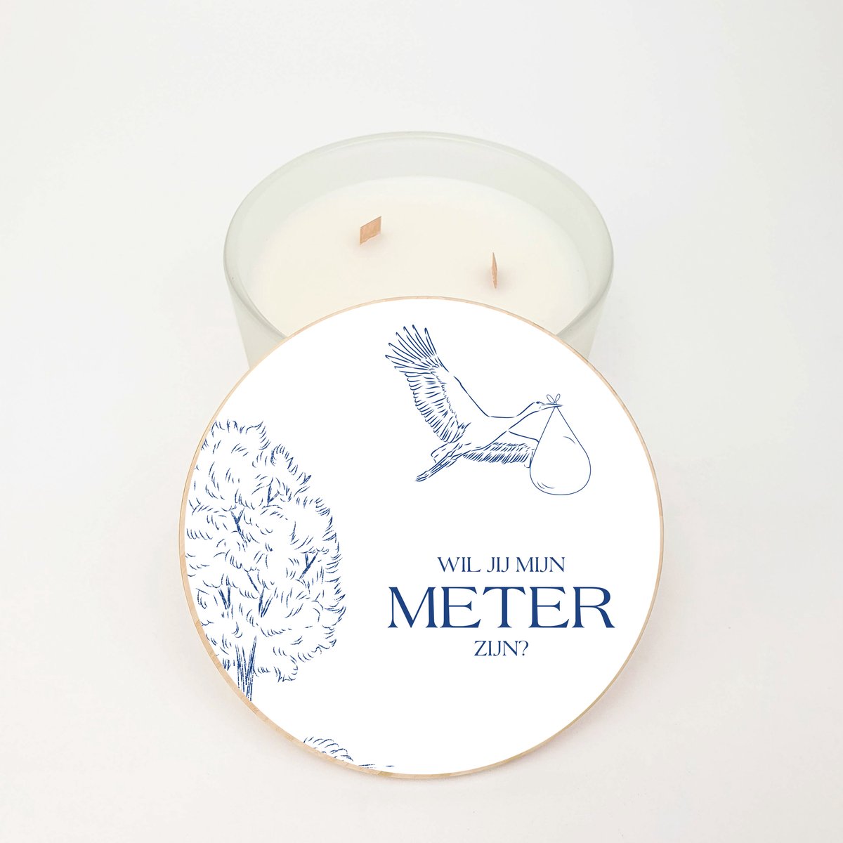 Geurkaars XL - GROOT - 3 houten wieken - Meter vragen - Wil je mijn meter zijn - Meter vragen cadeau - Ooievaar label design