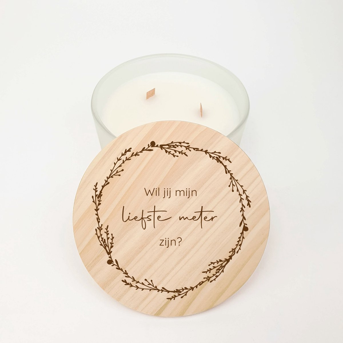 Geurkaars XL - GROOT - 3 houten wieken - Meter vragen - Wil je mijn meter zijn - Meter vragen cadeau - Flowerhoop gravure design