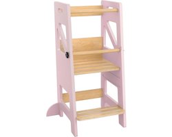 foto van NAIZY Educatieve Toren Inklapbaar 3-Voudig Leertoren in Hoogte Verstelbaar Peutertoren met Dubbele Veiligheidsbarrière Ontdekkingsreizigertoren Antislip Stahulp Max. tot 60 Kg voor Jongens En Meisjes (Roze)