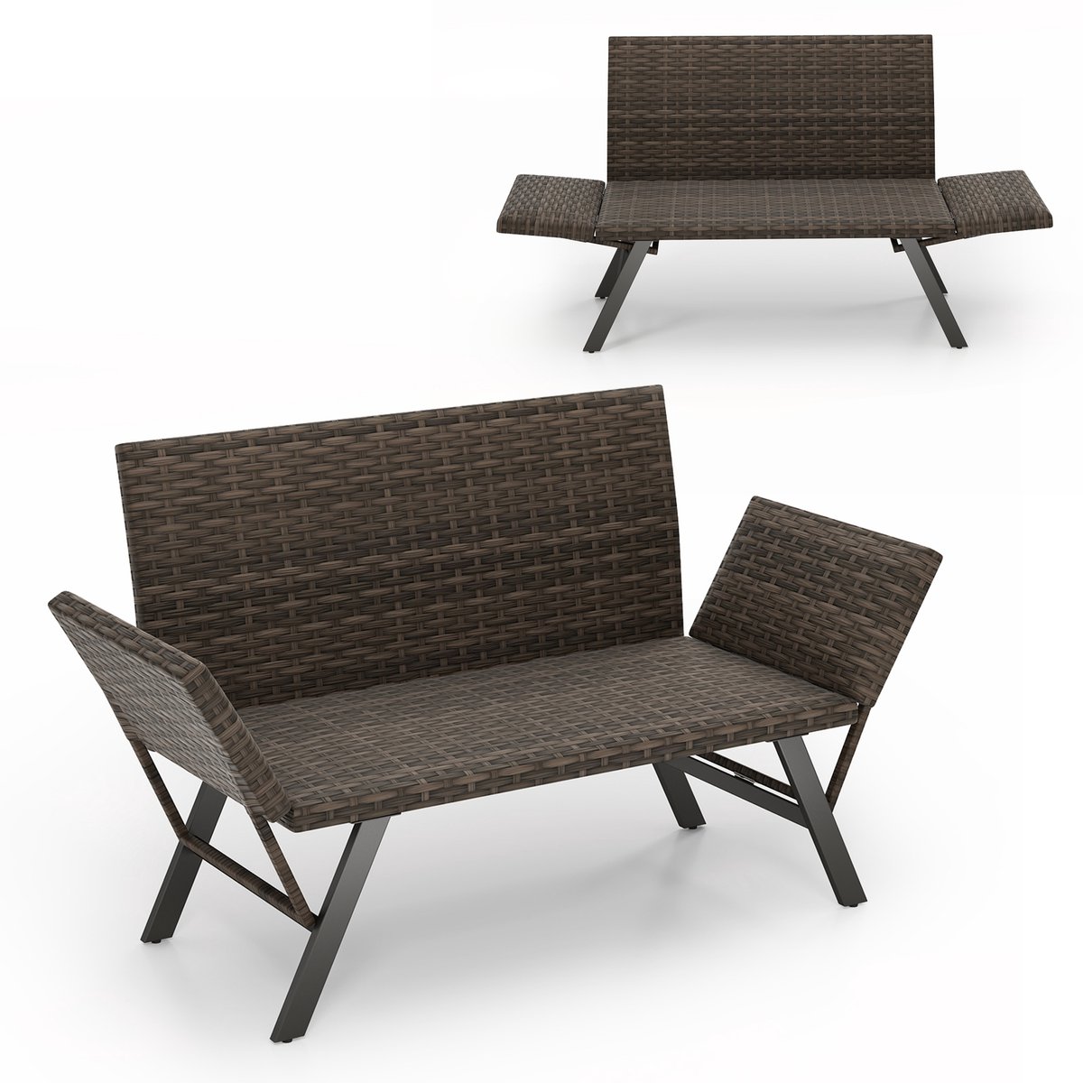 COSTWAY Polyrotan tuinbank met ligfunctie, tuinbank met sneldrogende schuimvulling en verstelbare armleuningen, balkonbank, zitbank voor tuin, terras, balkon, 178 x 59 x 89 cm