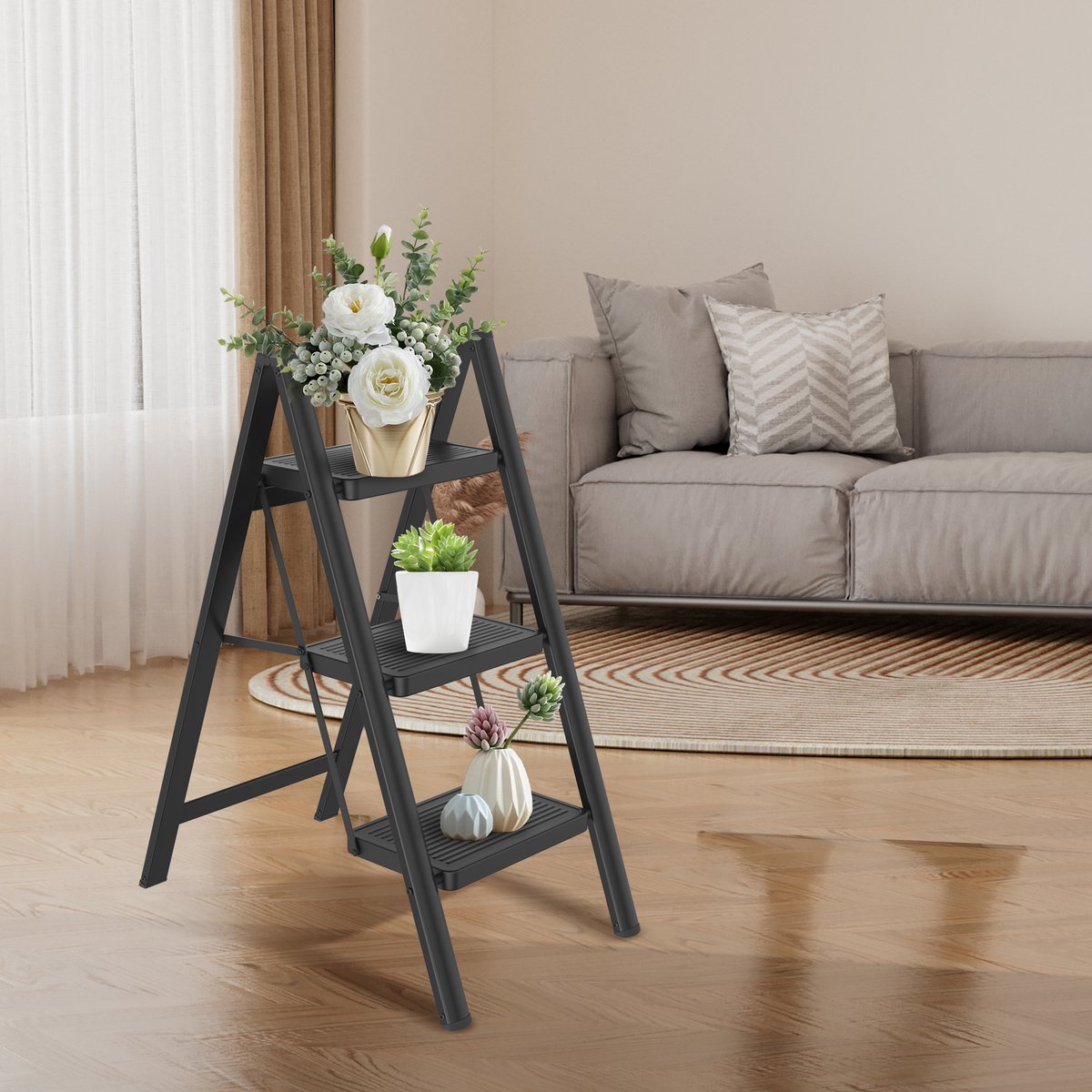 NAIZY Trapladder 3 Treden Inklapbare Ladder Vouwladder, Huishoudladder, Opstapje met 30x20cm Brede Treeplank tot 250KG Belastbaar, Zwart – foto 6