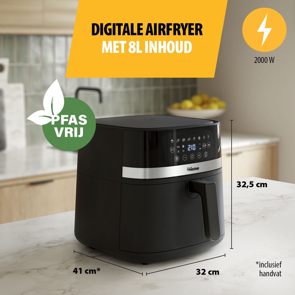 Afbeelding 2 van Tristar Airfryer FR-9418 - 8L - Grote Capaciteit XXL - PFAS Vrij - 7 programma's - Warmhoudfunctie - 2000 Watt