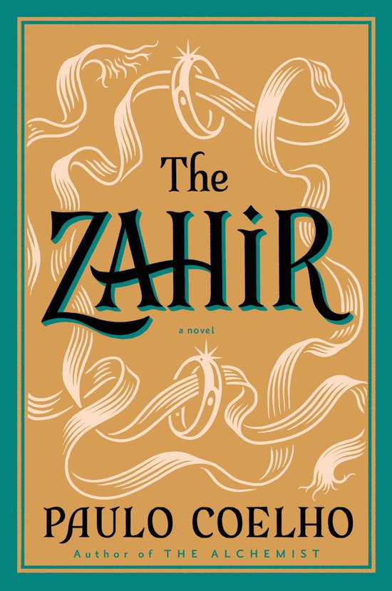 Boekcover "The Zahir" door Paulo Coelho met gouden linten en ringen op een oranje achtergrond.