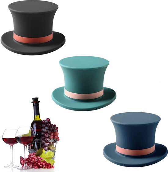 Wijnfles Stopper – Silicone stoppers - Grappige Wijn Stopper - Wijn Stoppers - Herbruikbare Wijnspaarder - Gentleman Hoed – Bier – Champagne – Drank - Keuken Gadgets - (3Packs)