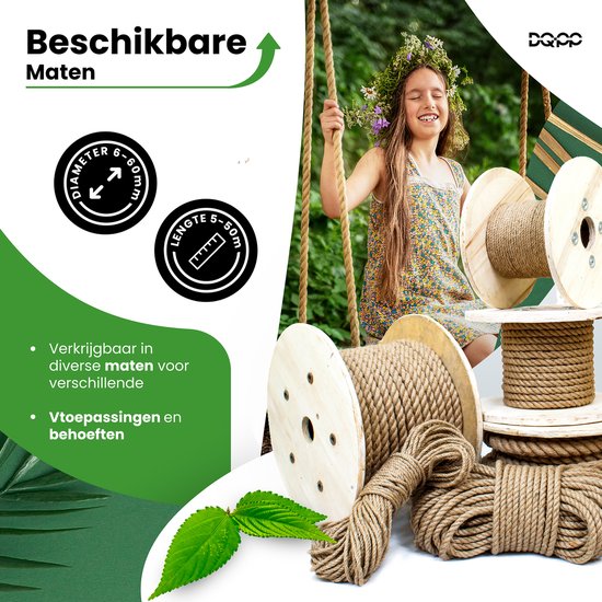 Fille avec une couronne de fleurs sur une balançoire, entourée de rouleaux de corde en jute. Disponible en différentes tailles.