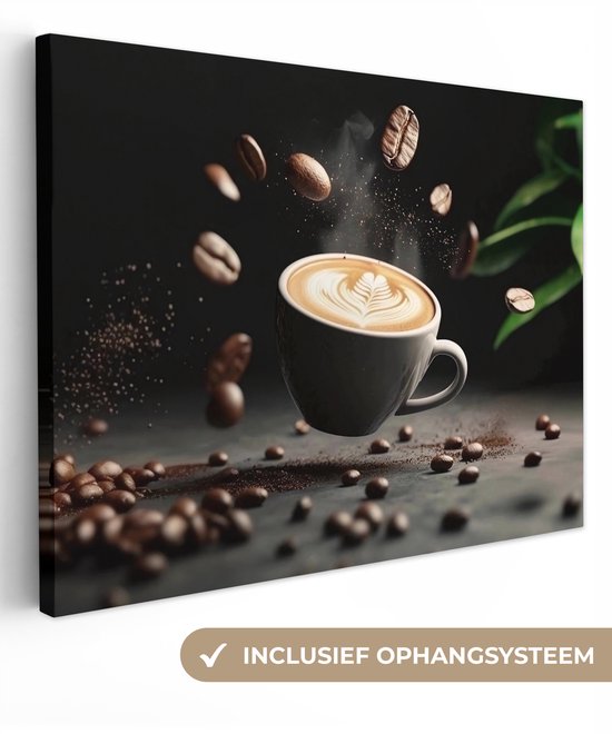 Canvas schilderij 120x90 cm - Exclusieve wanddecoratie Cappuccino - Kop - Bonen - Bruin - Muurdecoratie woonkamer - Slaapkamer decoratie - Kamer accessoires - Schilderijen op canvas