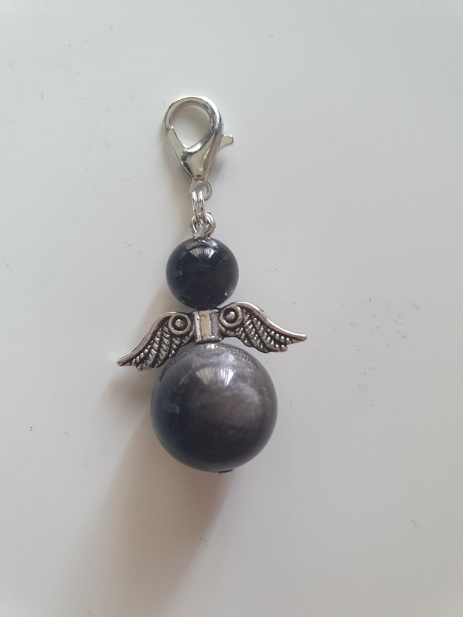 Beschermengel Zilver Obsidiaan hanger zilver, tashanger, sleutelhanger, geluk engel, kerstengel, kersthanger, kerst ornament, kerst, cadeau, autodecoratie, geluk engel, bescherm engel, engel, edelsteen, spiritueel, babyshower.