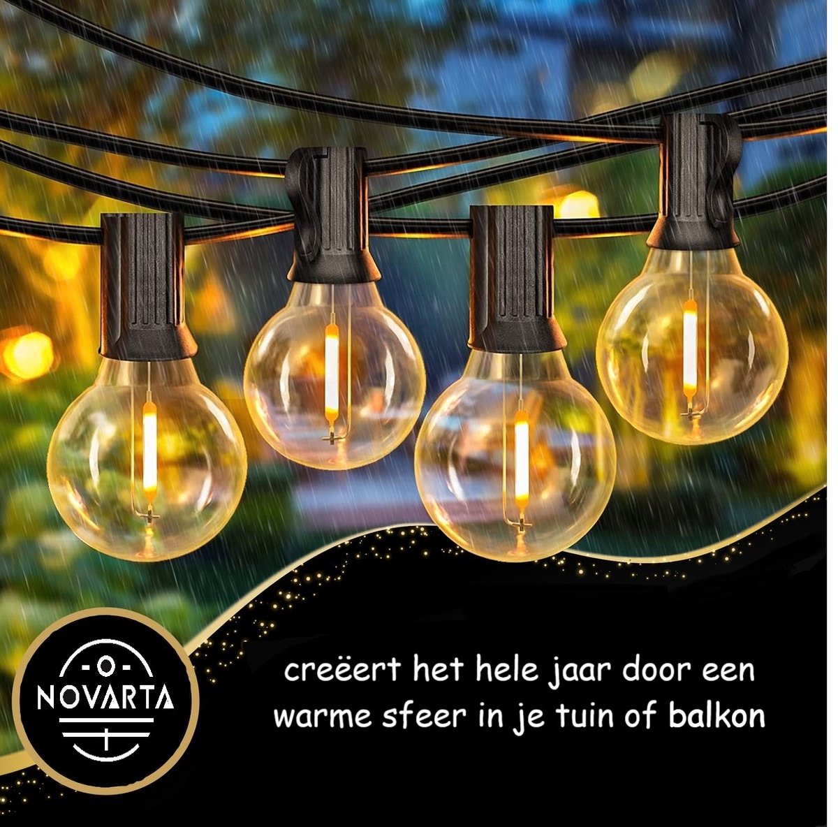 NOVARTA Solar Lichtsnoer - 25 LED - 7,5 meter - Warm-wit - Tuinverlichting op zonne-energie - Buitenverlichting - Lichtslinger - Lampjes slinger - Verwisselbare lampen