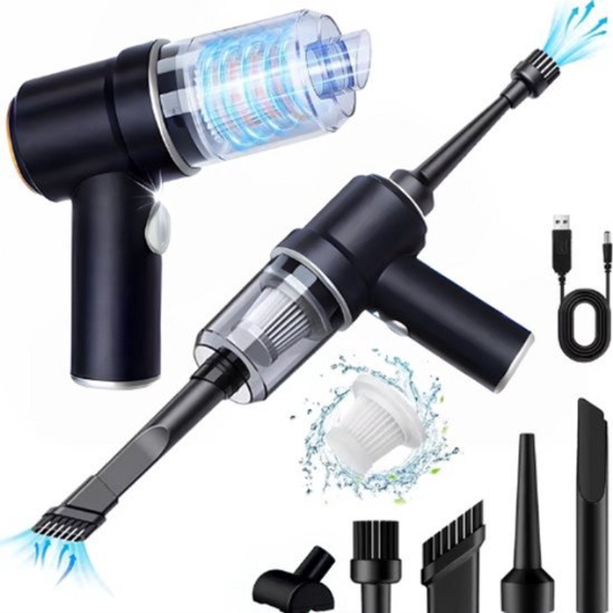 Stofix® Auto Stofzuiger Draadloos - Nat & Droog - Kruimelzuiger - Kruimeldief - Handstofzuiger - Kleine Stofzuiger - Draadloze stofzuiger - Air Duster - Zwart Met Blaasfunctie & 5 Opzetstukken