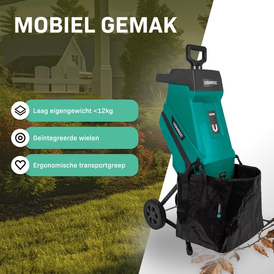 Groene hakselaar met wielen en opvangzak. "Mobiel gemak. Laag eigengewicht <12kg, Geïntegreerde wielen, Ergonomische transportgreep."