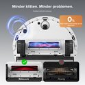 Witte robotstofzuiger met dubbel anti-klitontwerp. Toont 0% haar vast aan zijborstel vs. Roborock en anderen.
