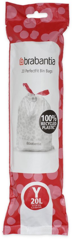 Enkele rol Brabantia PerfectFit vuilniszakken, code Y (20L). Witte zakken met grijs cirkelpatroon en rood trekband.