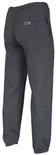 Achterkant van een donkergrijze joggingbroek met elastische tailleband en logopatch.