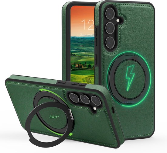 Perfeqt hoesje geschikt voor Samsung Galaxy S25 Plus leren BackCover met 360° Kickstand & Keyring houder - Forrest Green