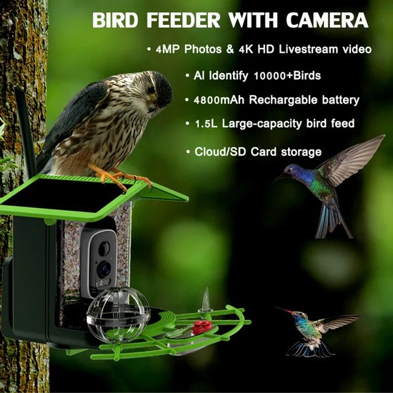 Vogelvoederhuisje met Camera en 32GB SD-kaart - Draadloze WiFi Vogelcamera op Zonne-energie - 4MP 2K HD Beeld - Bewegingsdetectie, App-meldingen & Vogelherkenning - Buiten Beveiligingscamera Vogels Kijken & Filmen van Merkloos — afbeelding 5