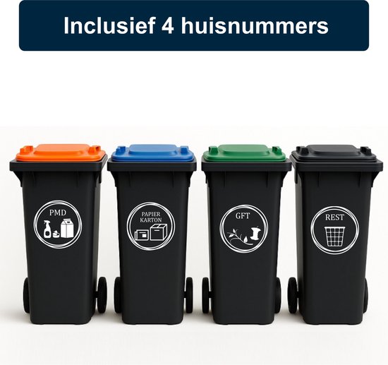 Container Stickers cirkel | 8-Delig | Met jouw huisnummer | Afvalscheiding | Kliko stickers