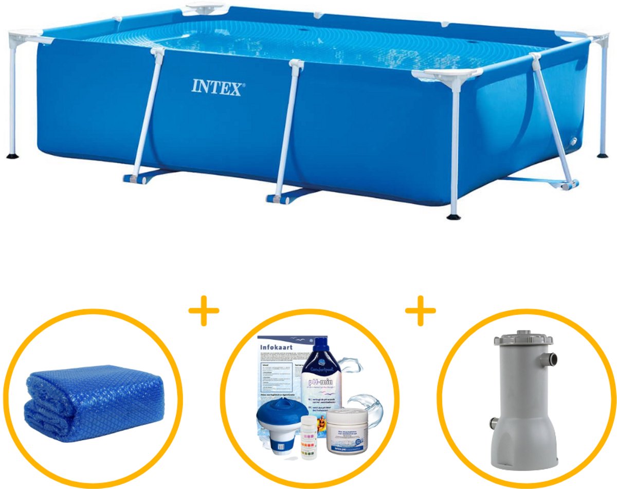 Intex zwembad 260 x 160 x 65 | Rechthoekig frame zwembad | Zwembadpakket | Solar afdekzeil | Chloorpakket | Fuzzyclean filterpomp