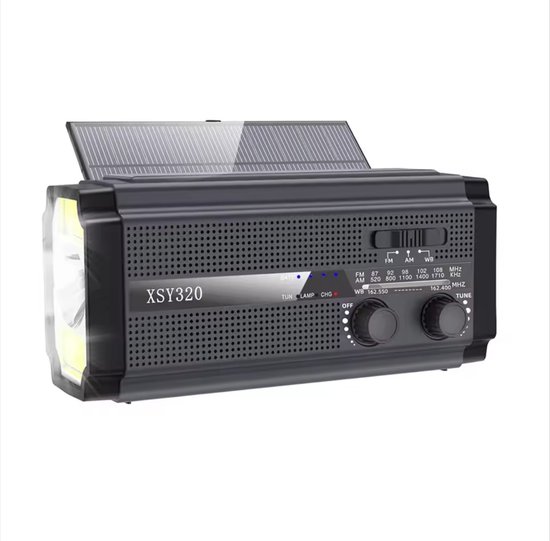 Noodio Noodradio – Solar Opwindbaar – 5000 mAh – SOS Alarm – Noodpakket – Draagbare Survival Radio – Zaklamp – Powerbank – Zonneenergie – Bouwradio – Zaklamp – Zwart