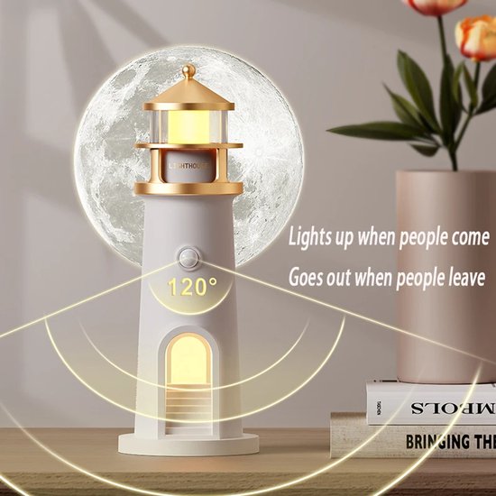 Drijvende Maanlamp met Projectie - Nachtlampje Vuurtoren Stijl met Motion Sensor, Bewegingssensor, Afstandsbediening & Bluetooth Luidsprekers - Sfeerverlichting voor Kinderkamer, Slaapkamer & Kamerdecoratie - Origineel Cadeau van Starryll — afbeelding 3