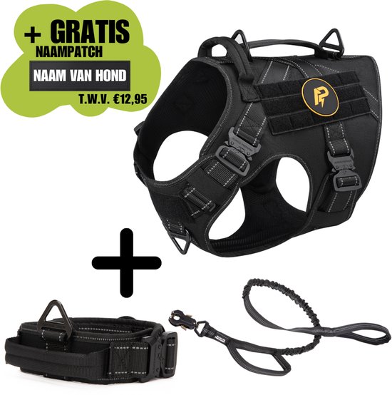 Ensemble noir de harnais, collier et laisse pour chien avec boucles métalliques. Inclut un patch de nom gratuit.