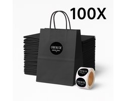 Papieren Draagtas (S) - Zwart - (Inclusief Zwarte Stickers “Cadeautje voor jou”) - 100 Stuks - 18x8x22 cm - Papieren Tasjes - Kraft Tas - Tassen - Cadeau Tas - Hoogwaardig Natron Kraft Papier - Eco-vriendelijk