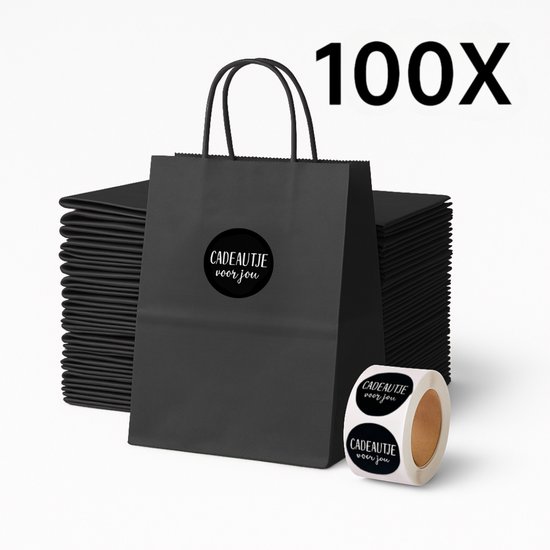 Sac en papier (S) - Zwart - (avec Autocollants noirs « Cadeau voor jou») - 100 pièces - 18 x 8 x 22 cm - Sacs en papier - Sac Kraft - Tassen - Sac cadeau - Papier Kraft Natron de haute qualité - Eco