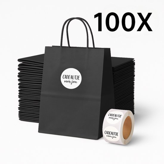 Papieren Draagtas (S) - Zwart - (Inclusief Stickers “Cadeautje voor jou”) - 100 Stuks - 18x8x22 cm - Papieren Tasjes - Kraft Tas - Tassen - Cadeau Tas - Hoogwaardig Natron Kraft Papier - Eco-vriendelijk