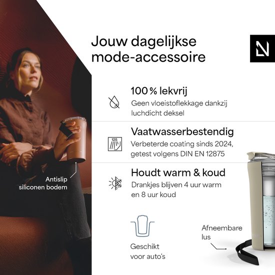 LARS NYSØM - Tasse à Coffee Thermo à emporter 'Rørelse' 500 ml - Sans BPA avec isolation - Avec sangle de transport et couvercle en Tritan - Crème au beurre