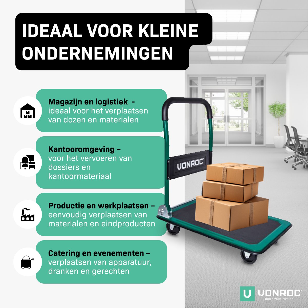 VONROC Plateauwagen/transportwagen – Opvouwbaar – Draagvermogen max. 150kg – foto 6