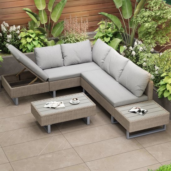 Ensemble de jardin en rotin polyester - salon de jardin coin salon canapé lounge - salon de jardin pour 4-5 personnes - salon avec canapé d'angle - table et coussins - kaki