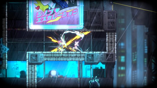Twee ninjas vechten op een gebouw in een regenachtige nachtelijke stad, met neonreclames op de achtergrond.