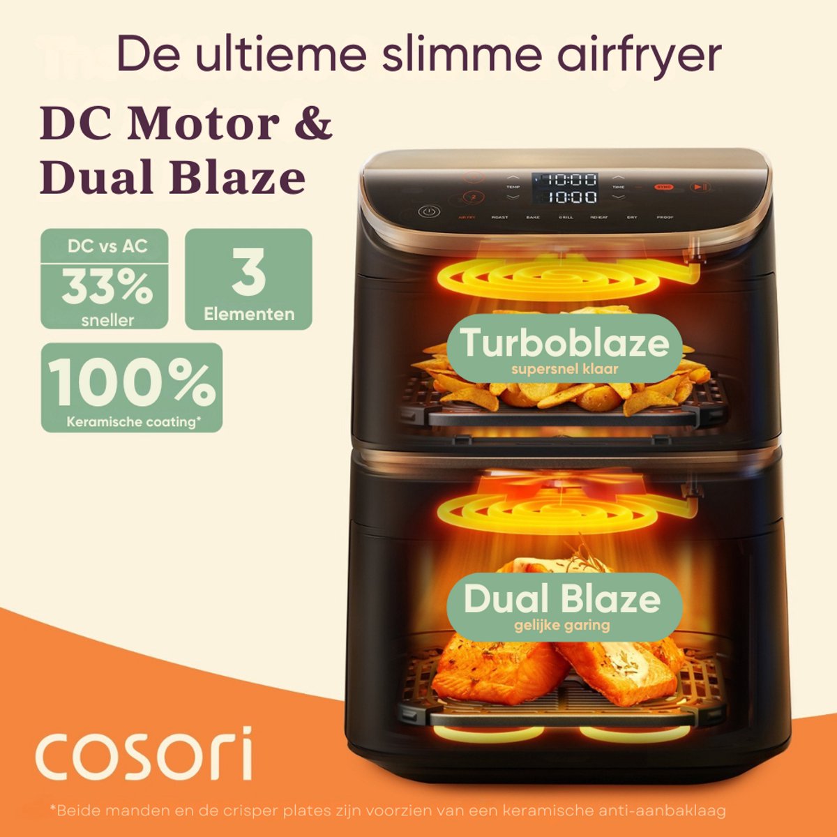 Afbeelding 3 van Cosori XXL Airfryer Turbo Tower Pro - met 100 stuks bakpapier - Keramische coating - 10.8 liter inhoud - 2 manden apart in te stellen - 7 programma's