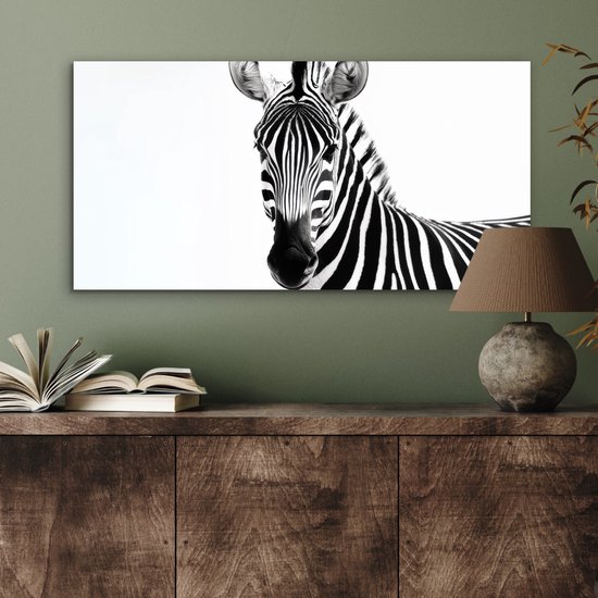 Aluminium schilderij 80x40 cm - Wanddecoratie metaal - Zebra - Close-up - Zwart - Strepen - Metalen muurdecoratie woonkamer - Decoratie industrieel - Foto op dibond - Industriële accessoires slaapkamer
