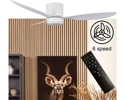 Plafondventilator Brezza Ø 132 cm met verlichting wit – stille ventilator 2026 – top kwaliteit - energie zuinig – met remote - ventilator voor laag plafond - 6 snelheden - warm wit licht - 3 step DIM systeem - zomer en winter stand – witte ventilator